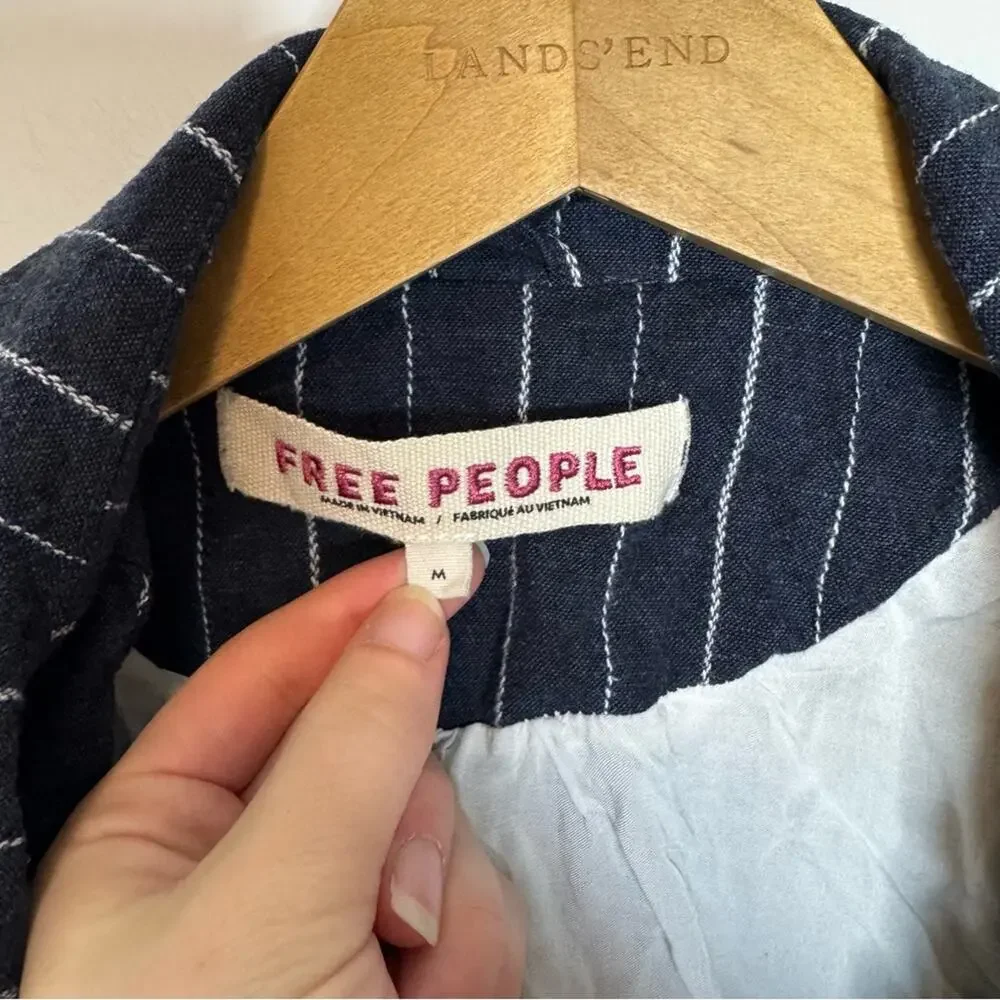Free People Stella Navy Blue Striped Linen Blazer Jacket Size Medium